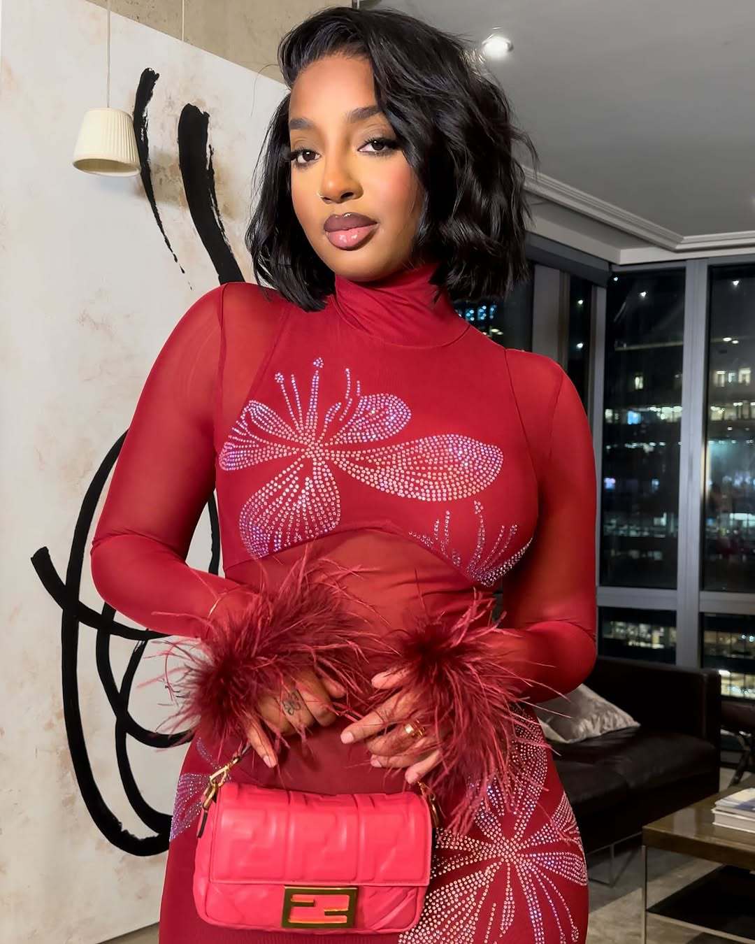 Fashion Print Mesh See-Through Fur Patchwork Slim Sexy Long Dress 3