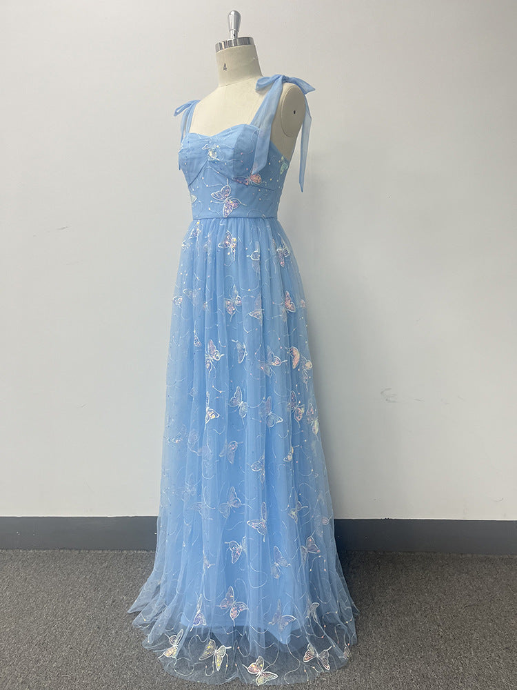 Tie Strap Evening Dress A-Line Mesh Butterfly Pattern Embroidered Elegant Birthday Long Party Dress 10