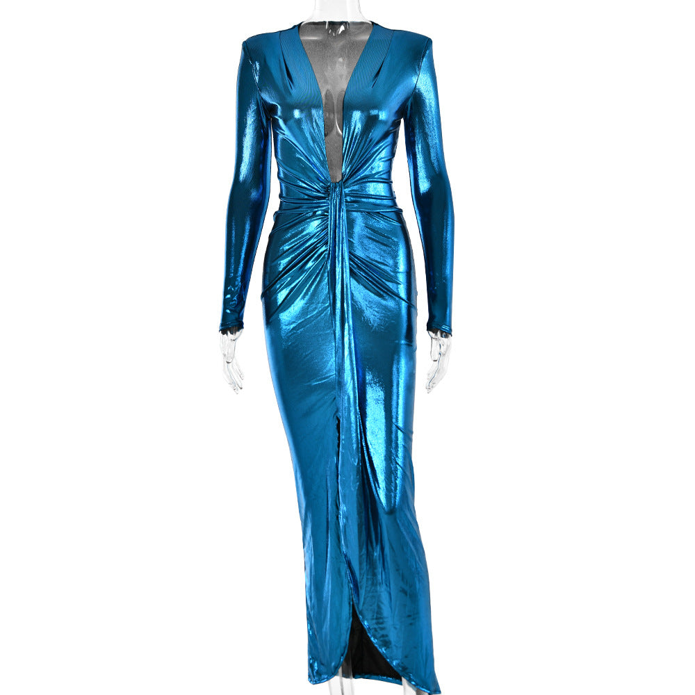 Sexy Chic V-Neck Long Sleeve Patchwork Pleated Leather Dress 15