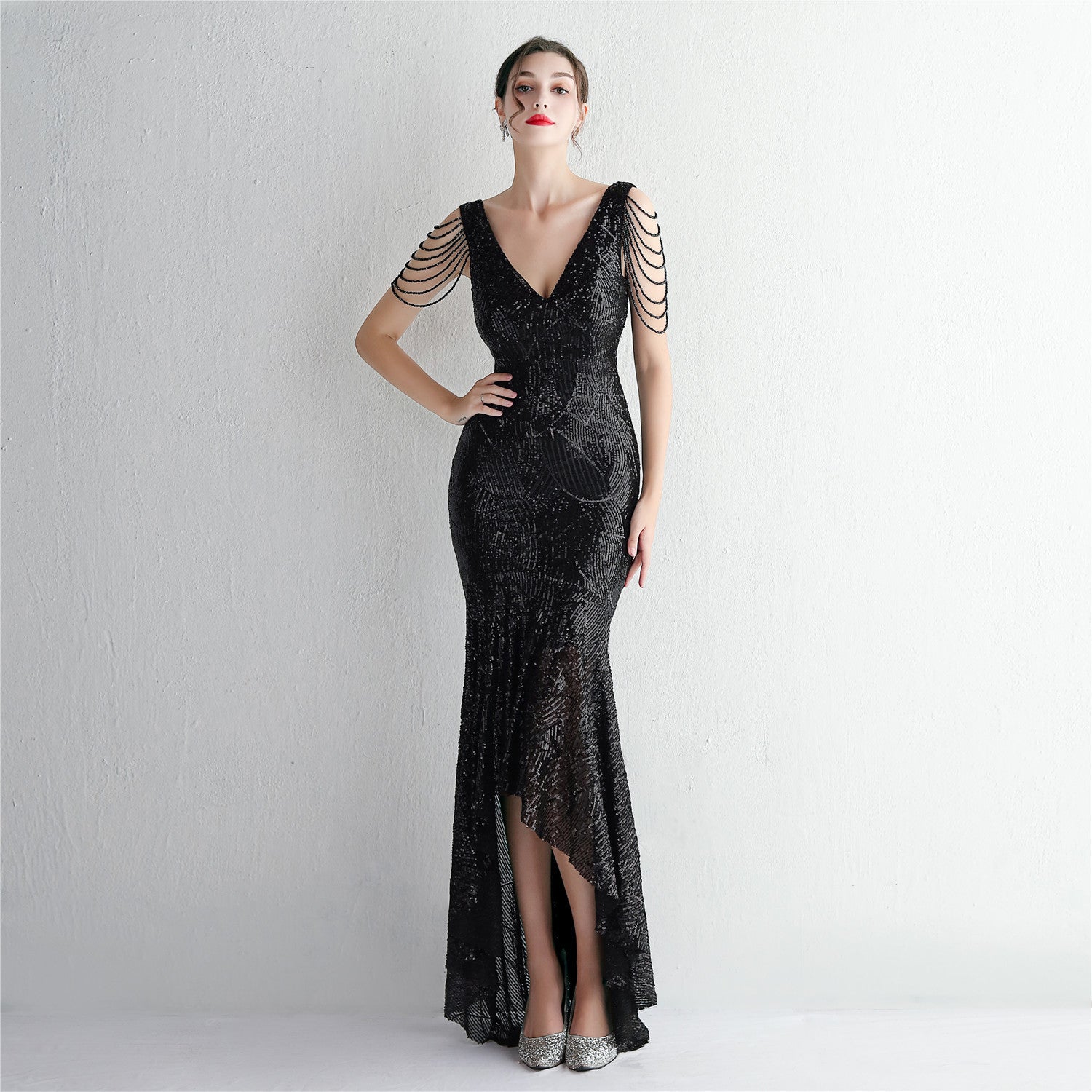 WomenElegant Sequins V Neck Evening Dress 4