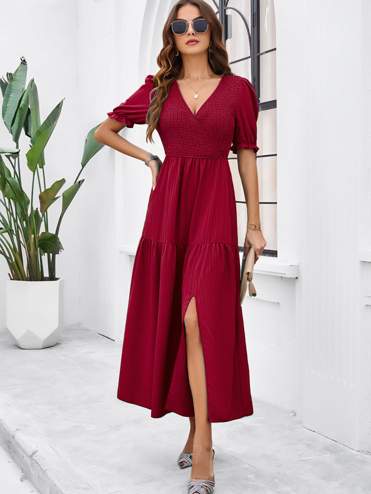 Women's Spring And Summer Solid Color Chic V-Neck Short-Sleeved Long Dress 4