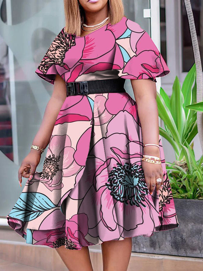 Summer Fashion Chic Women's Belt Print African Plus Size Midi Dress 8