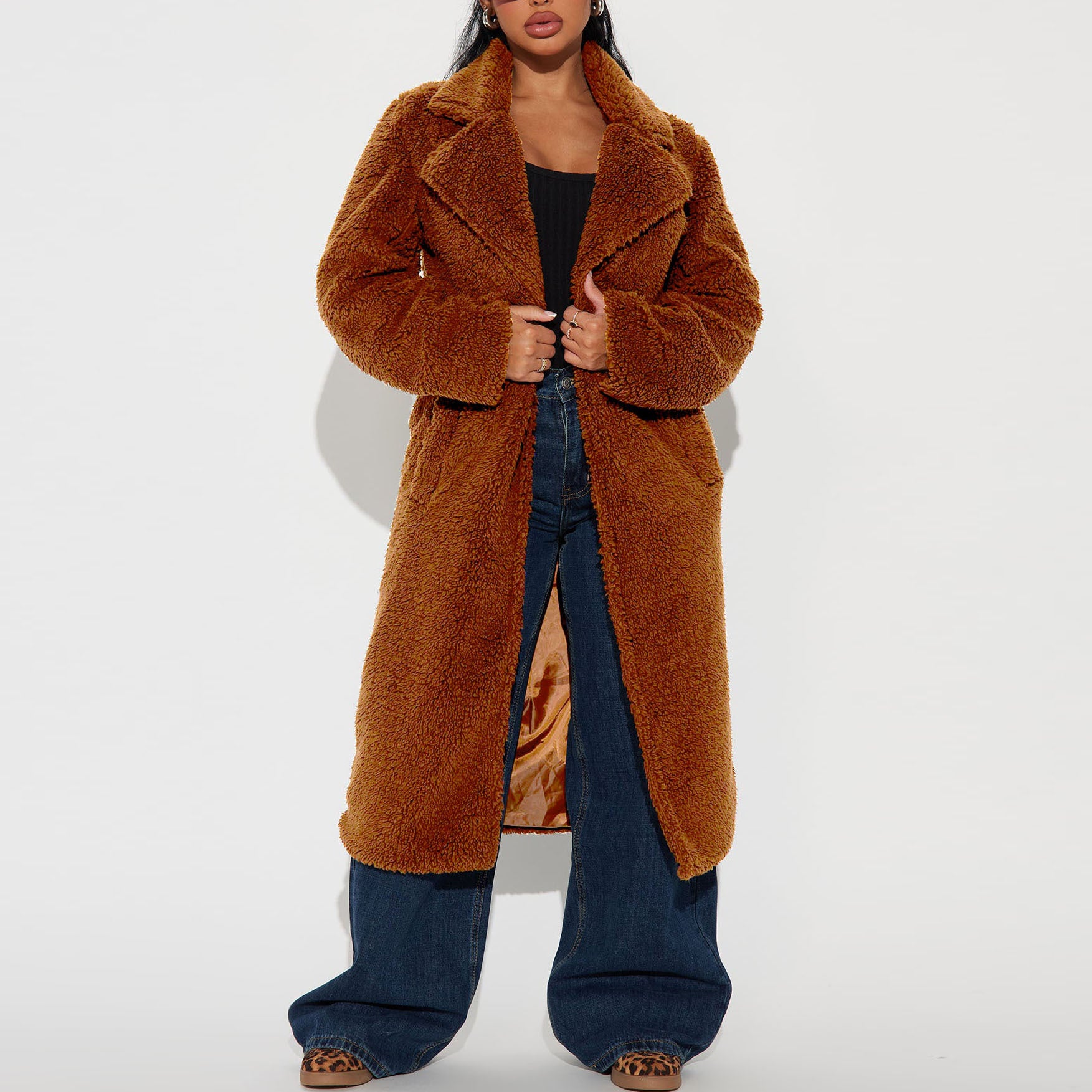 Autumn Winter Loose Faux Fur Long Trench Coat For Women