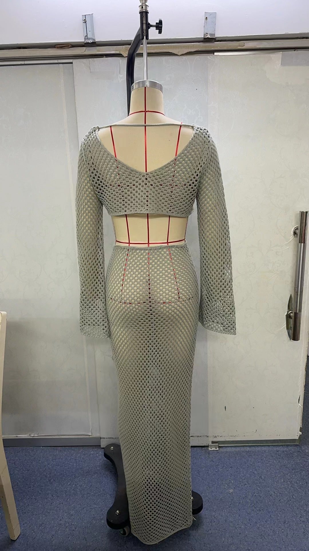 Sexy Women's Long-Sleeved Knitting Shirt High-Waisted Long Skirt Two Piece Set 7