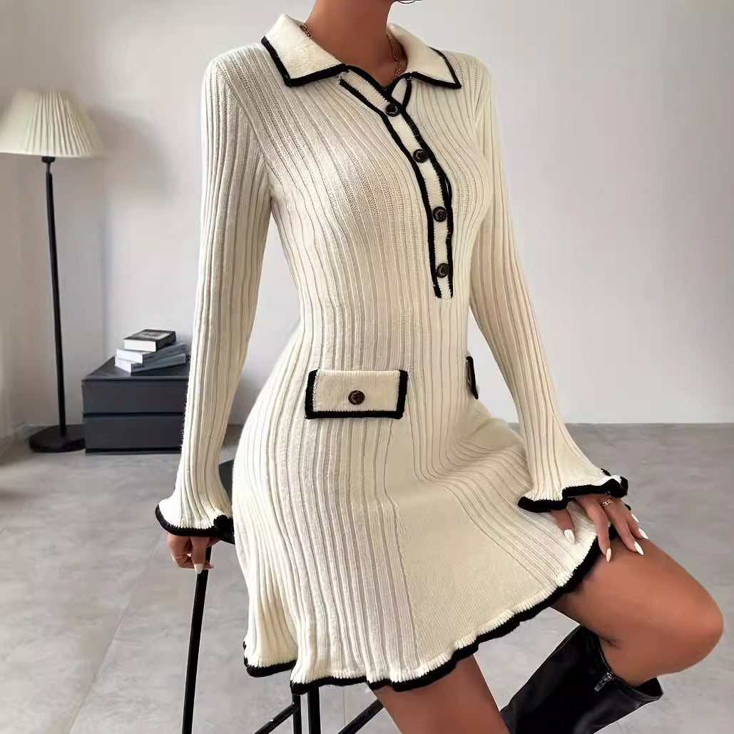 Autumn Women's Clothing Contrast Color Elegant Slim Knitting Dress 3