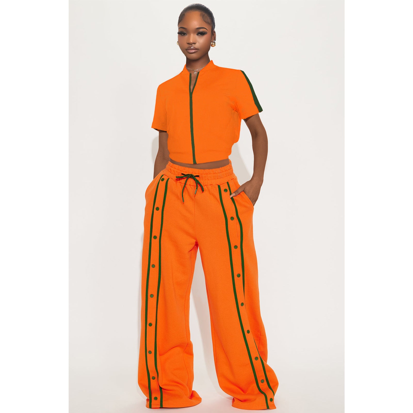 Women's Sports Two-Piece Set Buttoned Loose Pocket Wide-Leg Pants & Short Sleeve Zipper Top 3