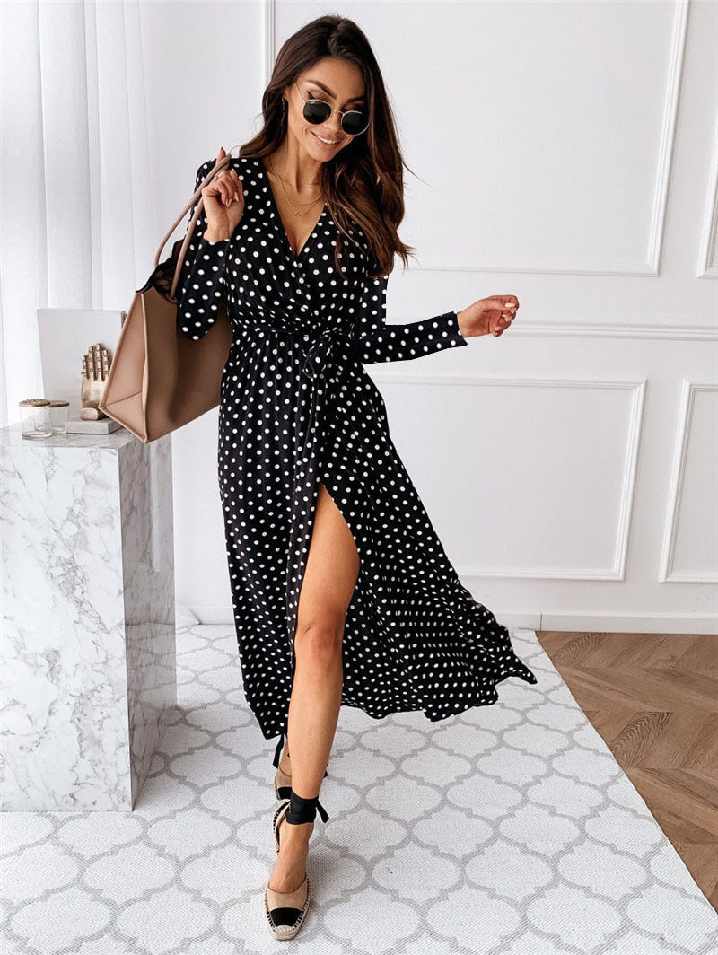 Spring Long Sleeve V-Neck Bohemian Polka Dot Print Long Dress 8