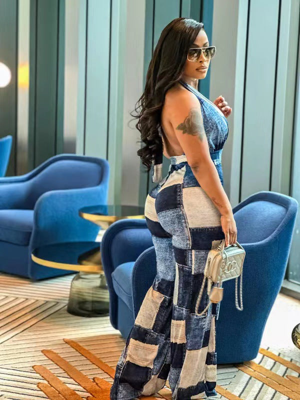 Ladies Plaid Street Trend Loose Digital Print Sexy Jumpsuit 6