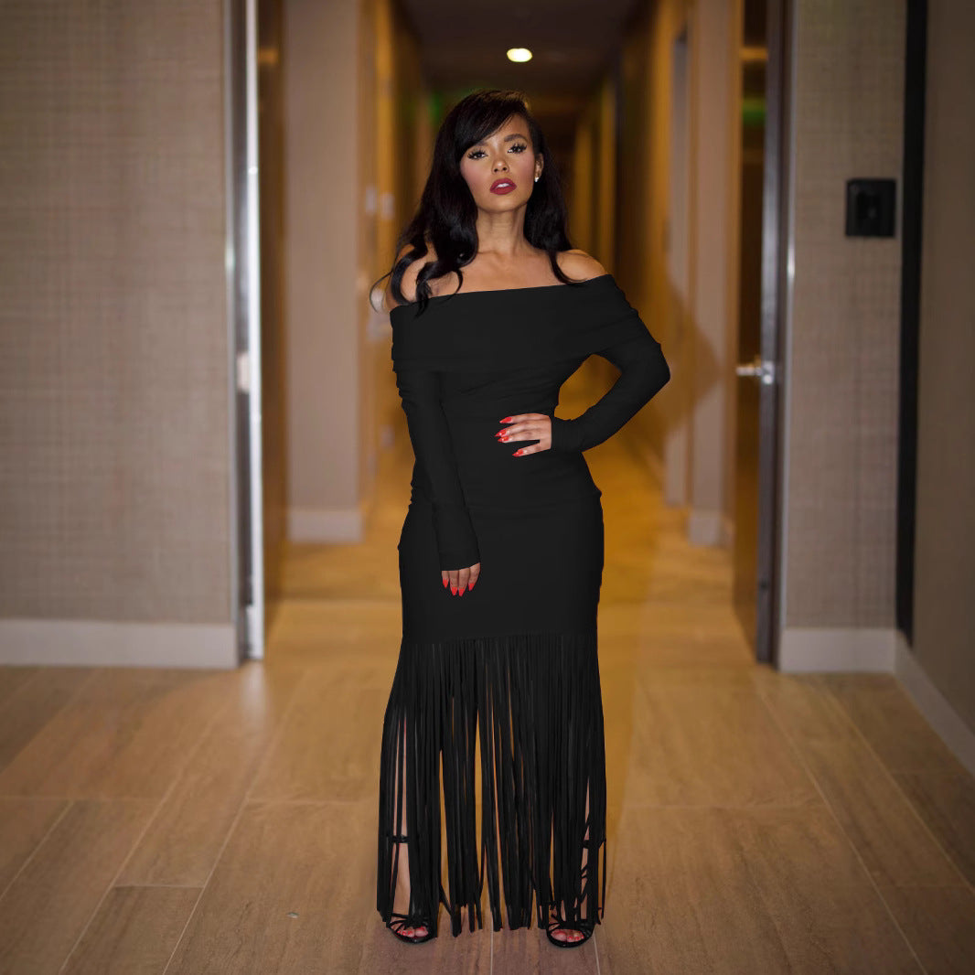 Women sexy off shoulder tassel bodycon long sleeve off-shoulder evening dress 6