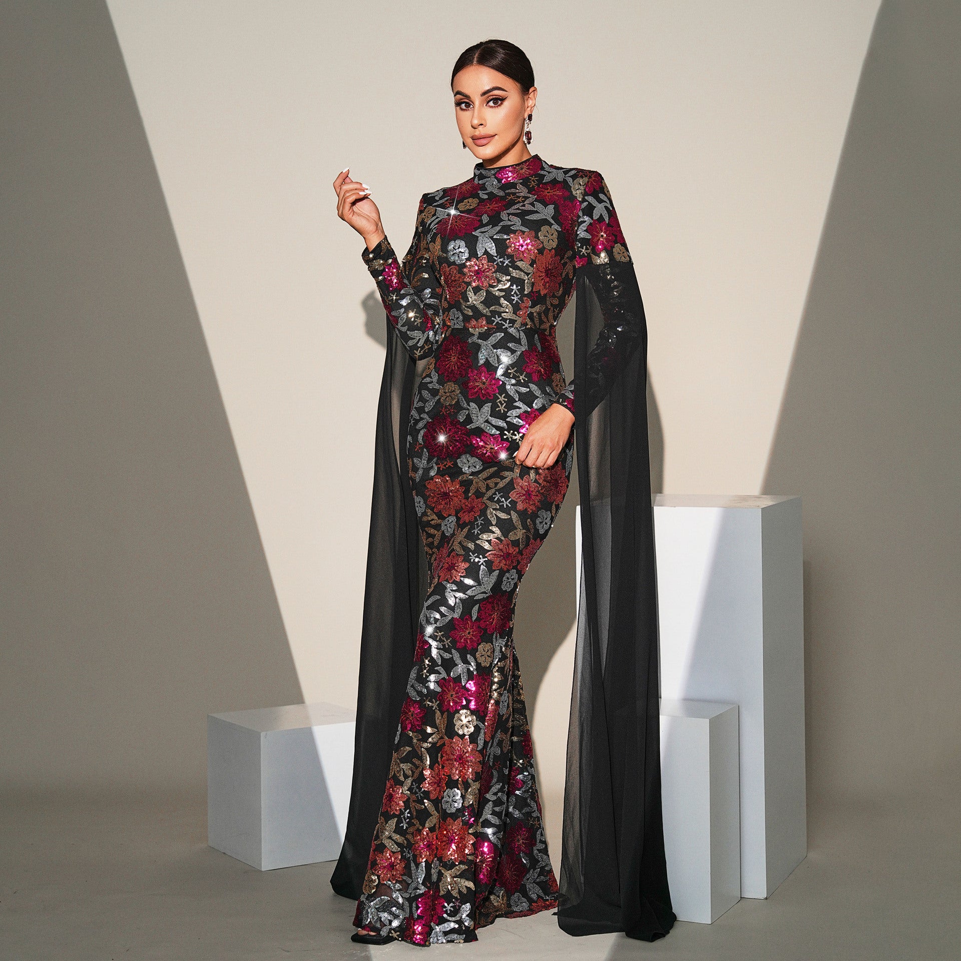 Women Sequined Long Sleeve Round Neck Formal Party Maxi Evening Dress 4