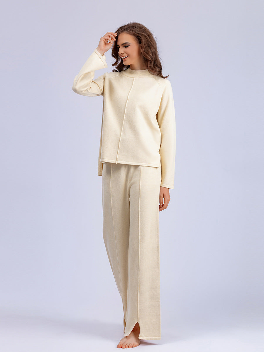 Women autumn and winter loose solid sweater and slit wide-leg pants two-piece set 3