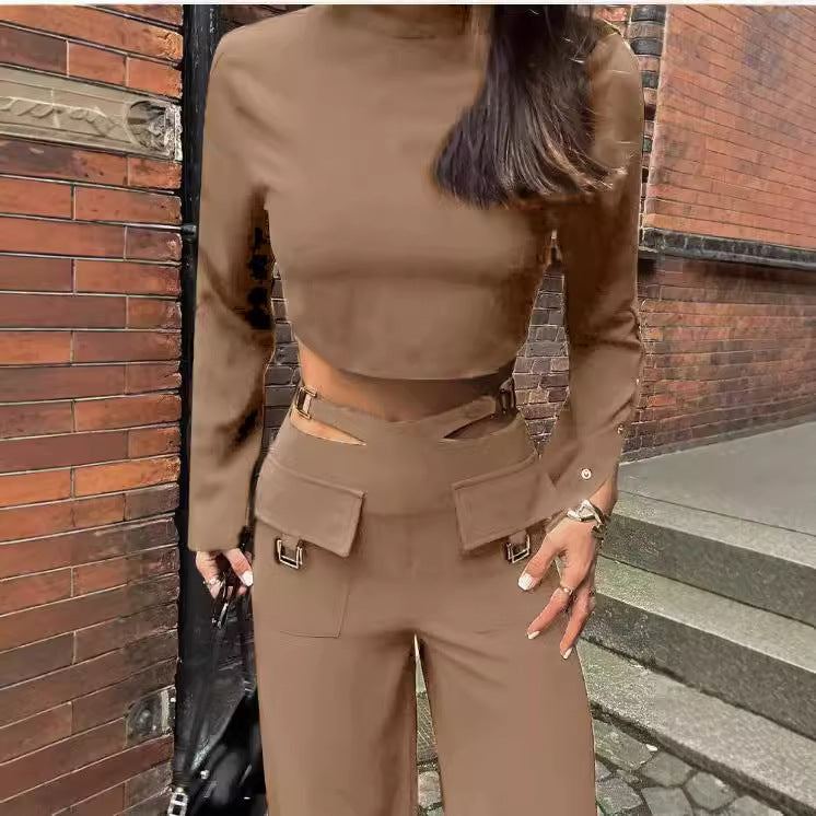 Autumn High-Neck Solid Color Crop Top Loose Wide-Leg Pants Two Piece Set 5