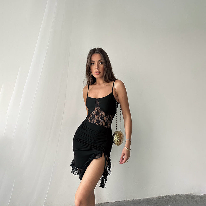 Women Sexy Strapless Lace Patchwork Hollow Irregular Mini Dress