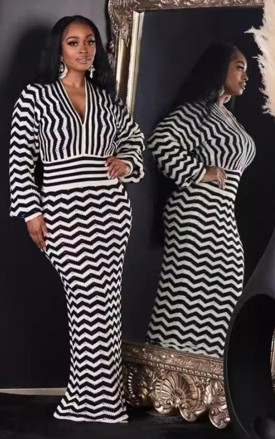 Vintage Color-Block Beach Holiday Long-Sleeve Dress