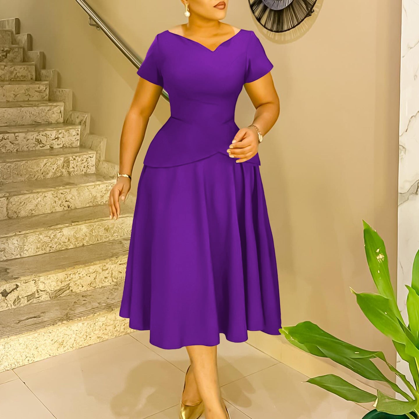 Women Summer Solid V Neck Short Sleeve African Dress 5