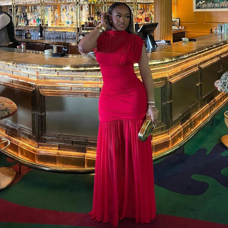 Women's Chic Elegant Mesh Patchwork Red Trendy Fashion Long Dress 3