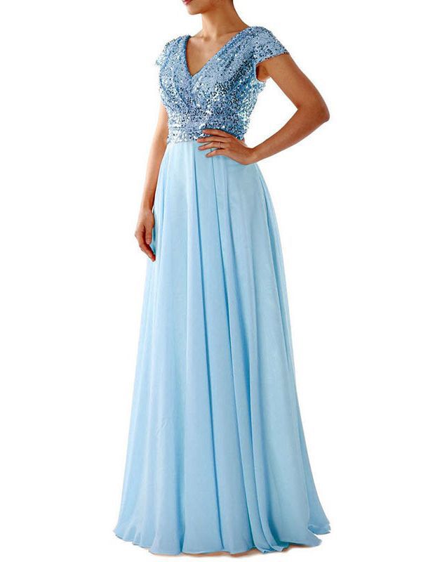 Women Summer V Neck Sequined Chiffon Patchwork Evening Dress 6