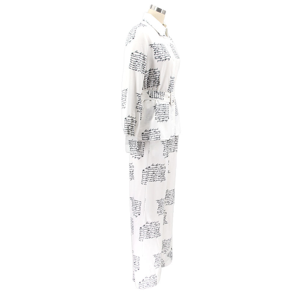 Women Irregular Printed Shirt and PantCasual Two-piece Set including Belt 10