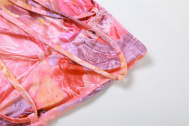 Women Strapless Printed Lace-Up Sexy Backless Dress 14