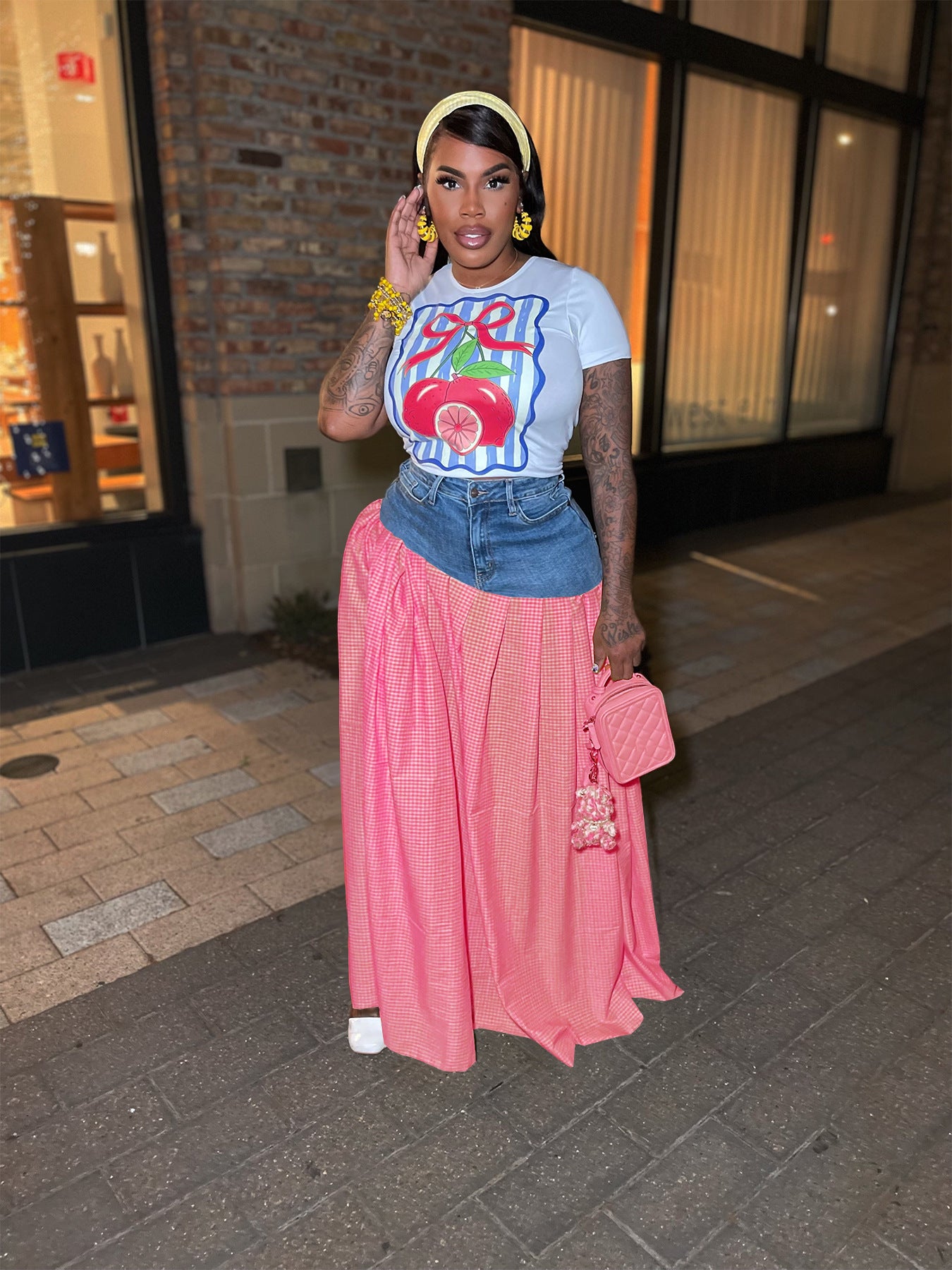 Women Denim Patchwork T-shirt Slit Plaid Skirt Two-piece Set