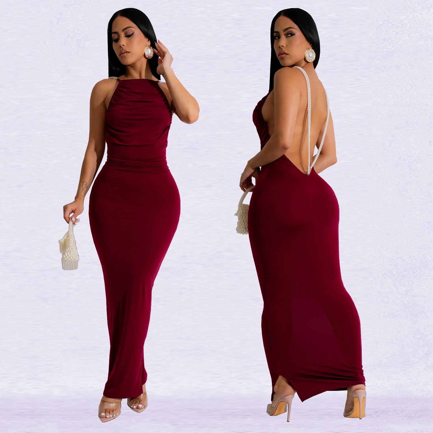 Fashionable Women's Low Back Sexy Solid Color Bodycon Long Dress 3