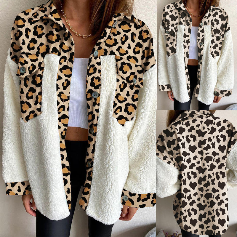 Women Turndown Collar Leopard Plaid Print Furry Patchwork Contrast Warm Long Sleeve Shirt 4