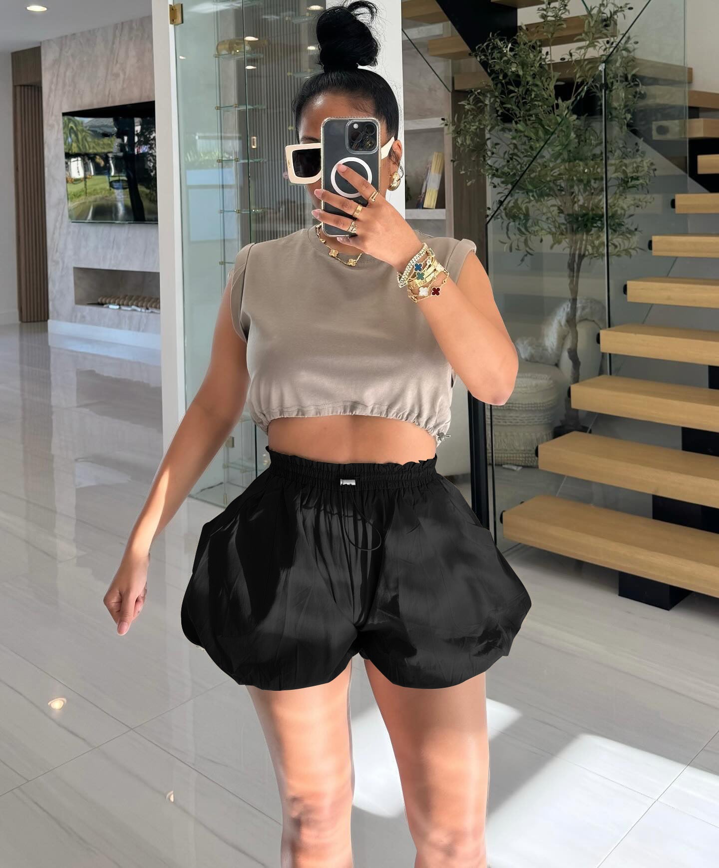 Women Solid Puffy Puff Shorts 9