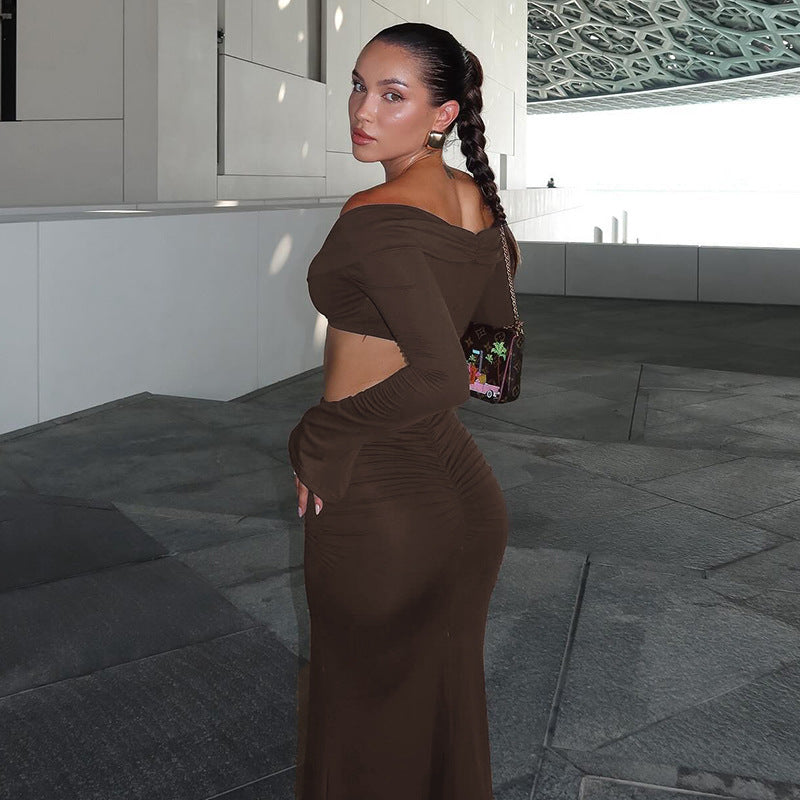 Women Long Sleeve Gathered Slit Bodycon Skirt 4