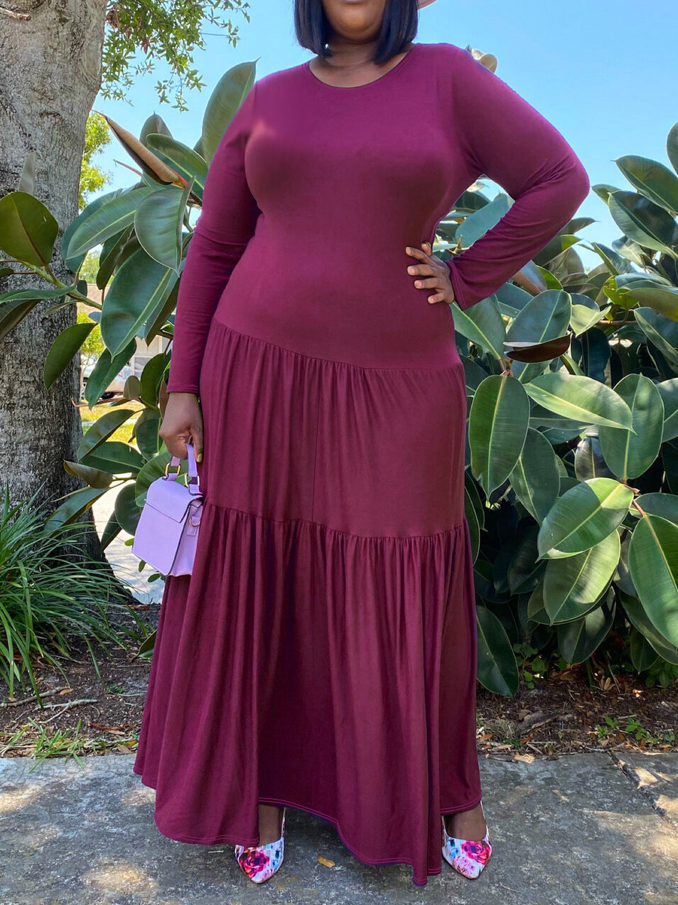 Plus Size Women Round Neck Solid Pleated Dress 9