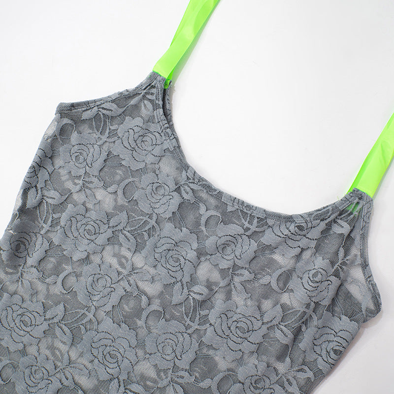 Women sexy See-Through hollow jacquard Lace tie dress 8