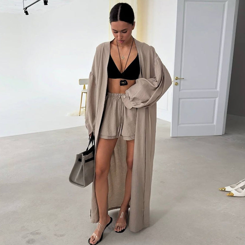 Women's Summer Fashion Lantern Sleeve Cardigan Wide-Leg Shorts Casual Set 8