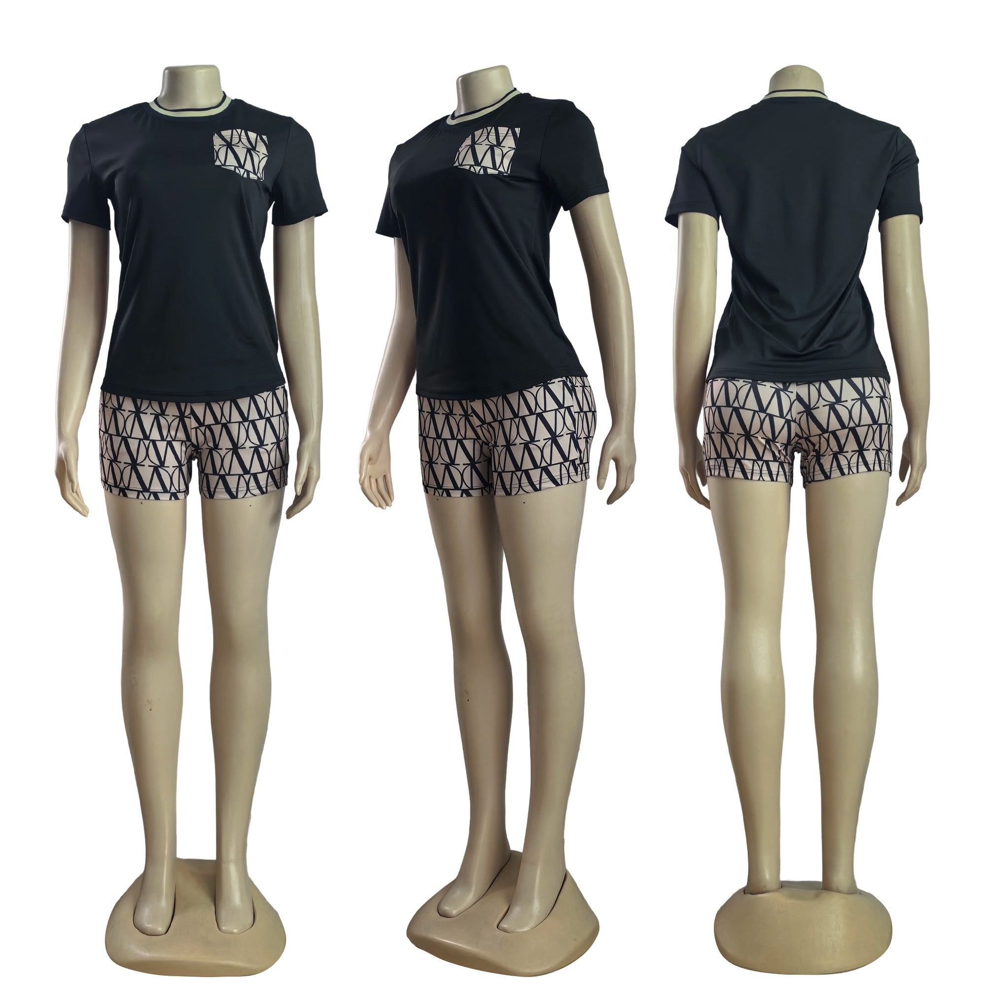 Women summer printed Round Neck pocket short-sleeved top and shorts two-piece set 5