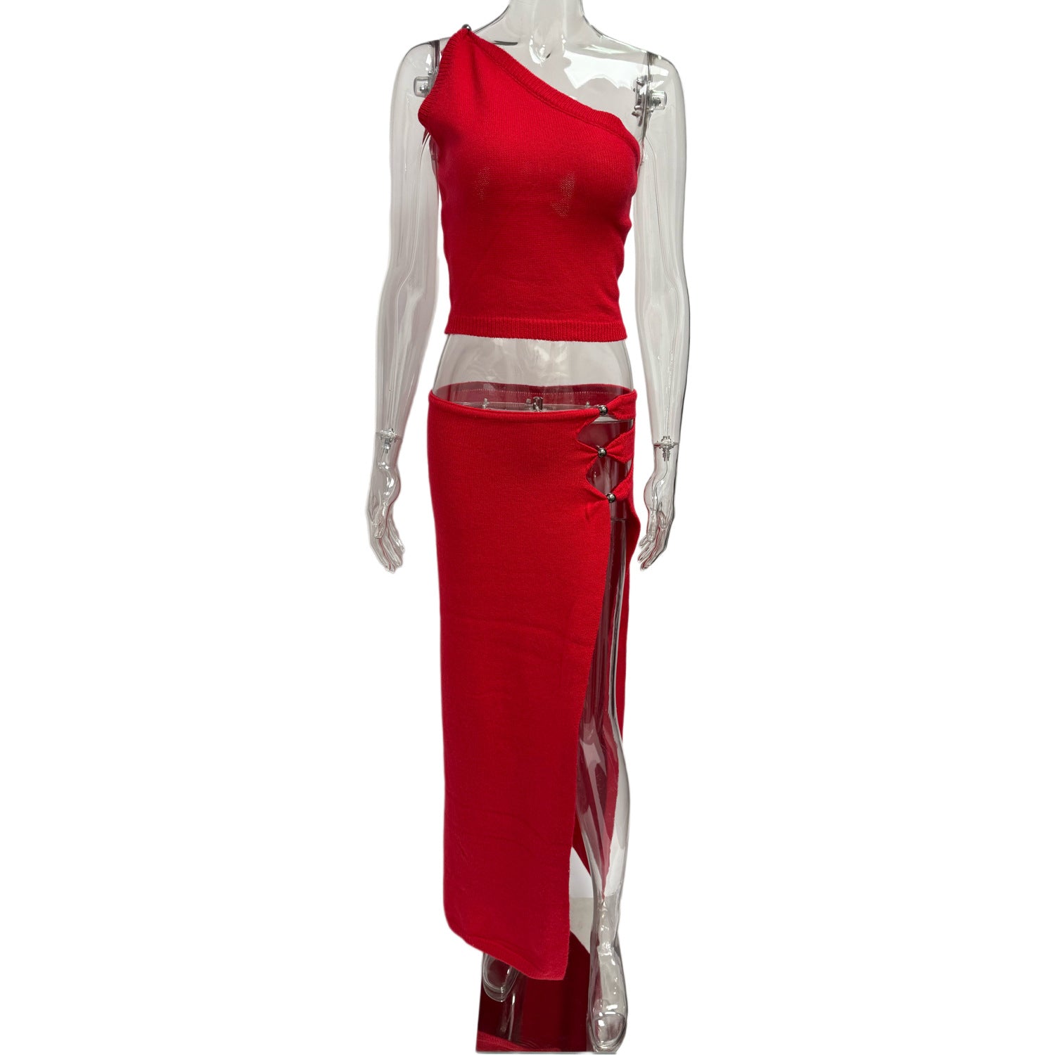 Women's Spring & Summer Sexy Slash Shoulder Top & Slit Skirt Solid Color Knitted Two-Piece Set For Holidays 10