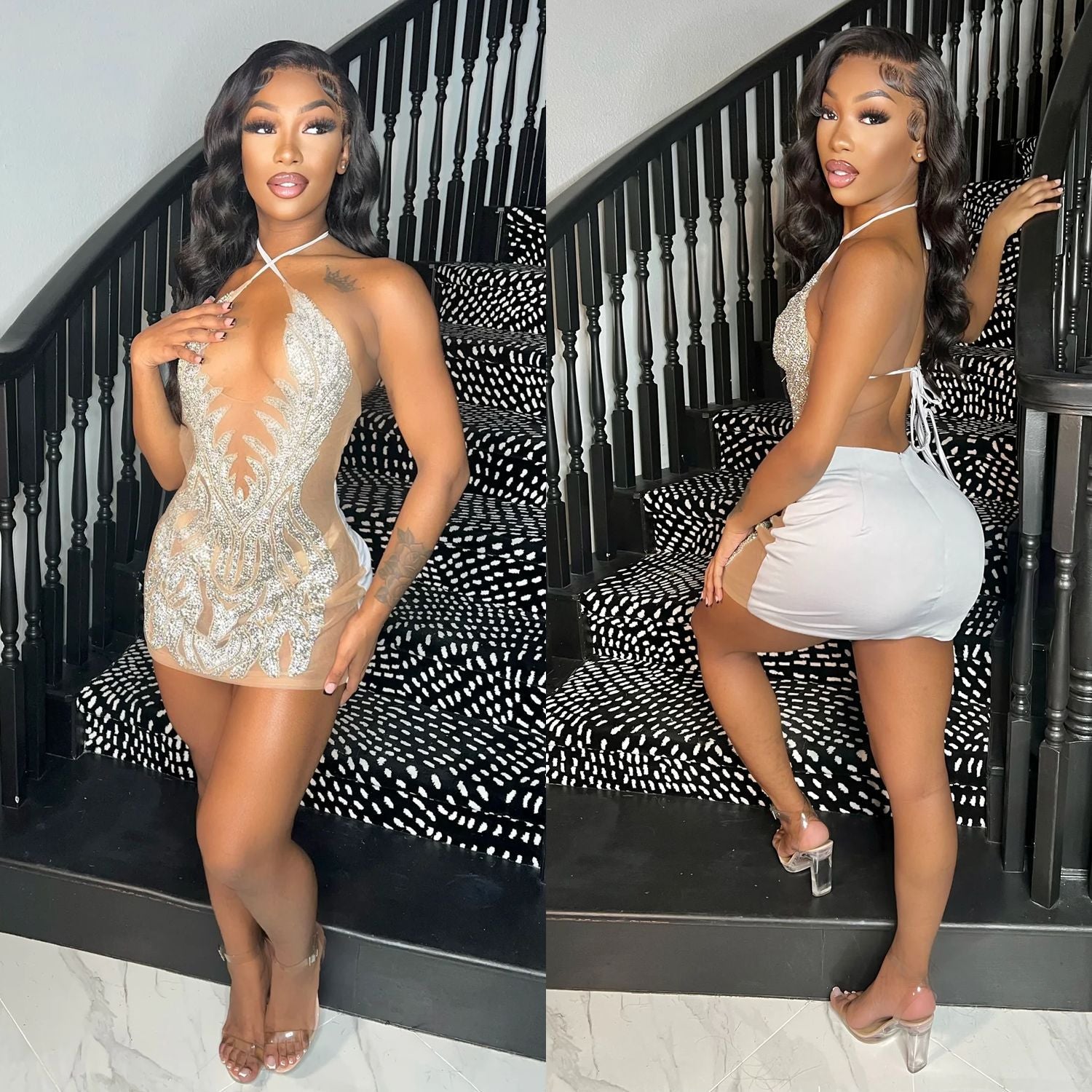 Summer women's sexy mesh Beaded See-Through nightclub dress 3