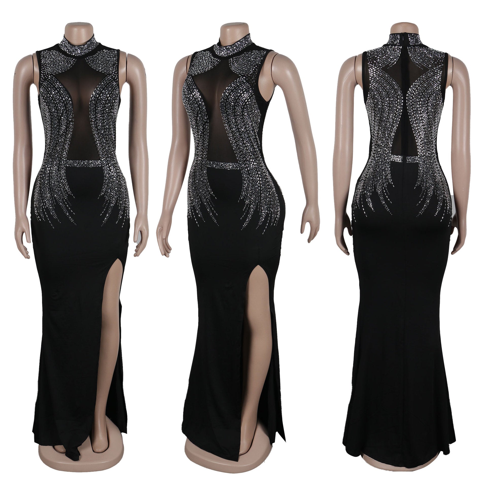 Women Beaded Mesh See-Through Patchwork Sleeveless Slit Dress 14