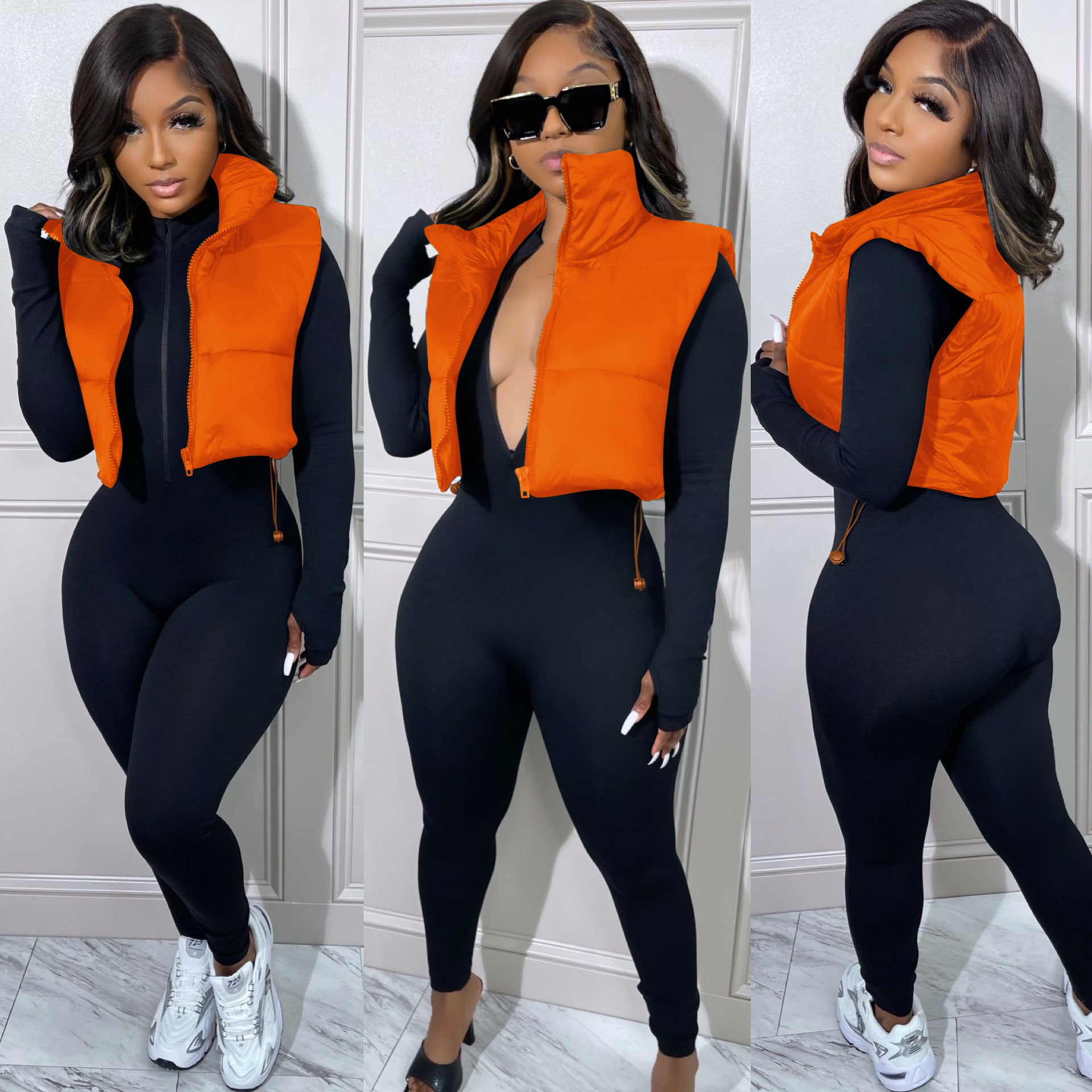 Women Solid Turn Down Collar Padded Vest 11