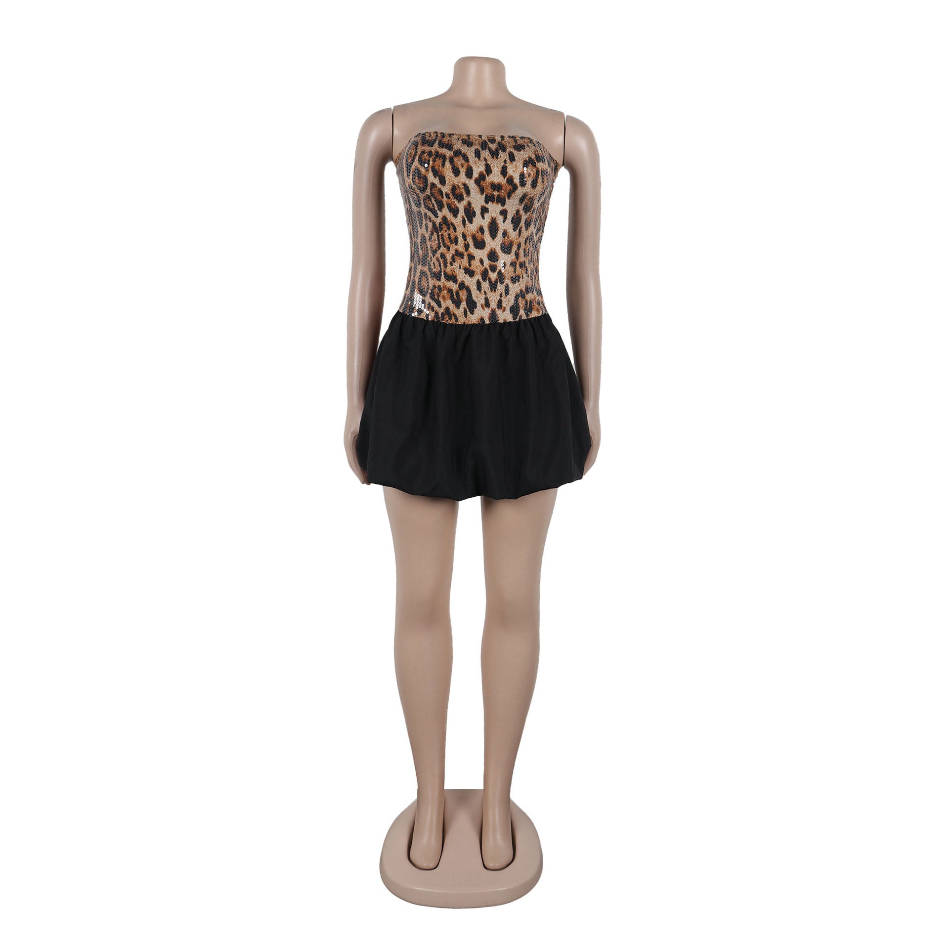 Women Sexy Sequin Leopard Strapless Patchwork Dress 9