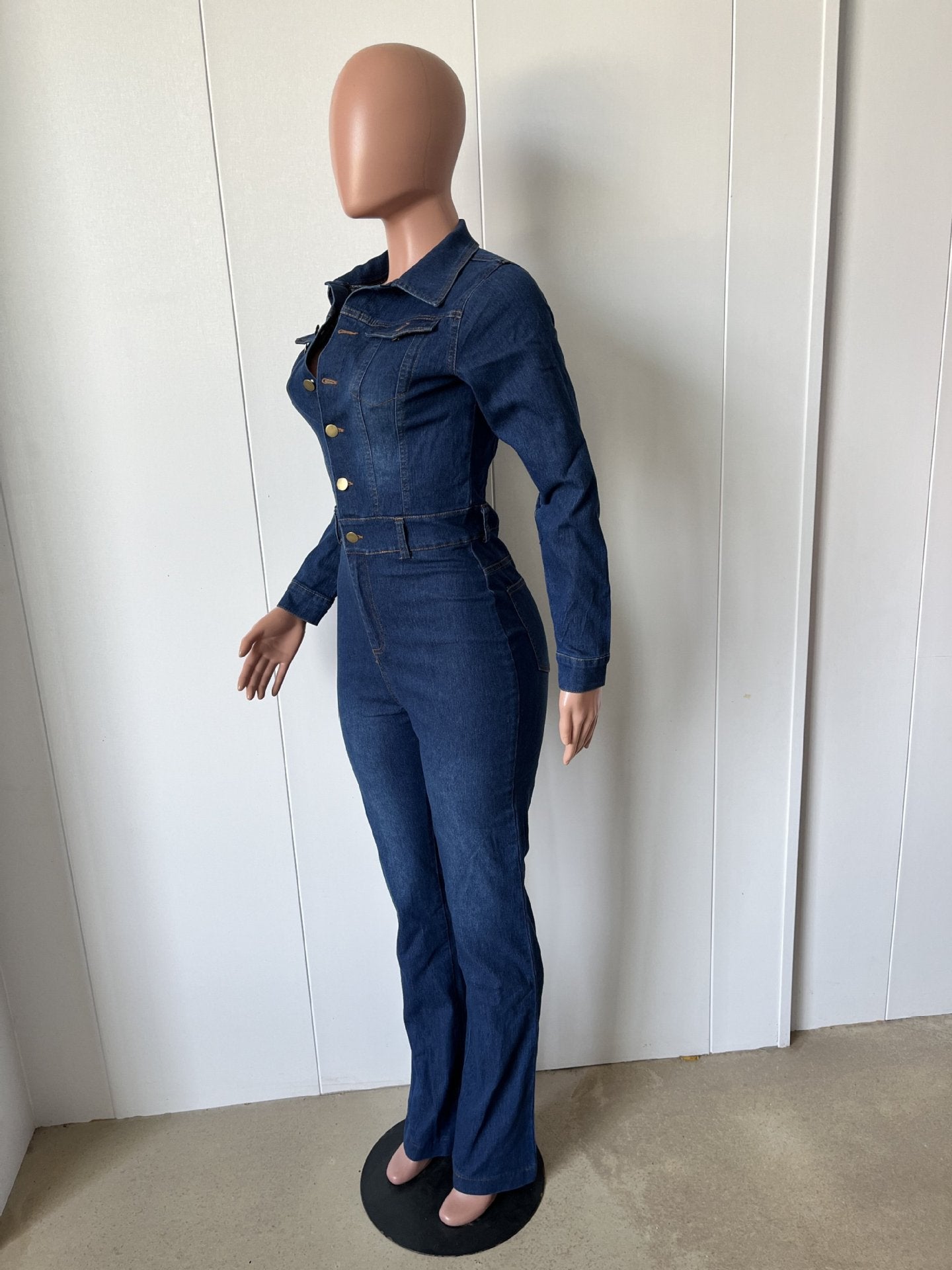 Slim Fit Stretch Bell Bottom Wash Long Sleeve Denim Jumpsuit 8