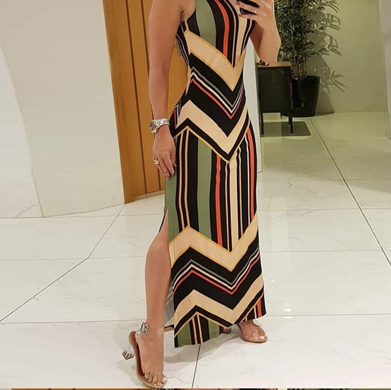 Striped print slim sexy slit sleeveless long dress for women 4