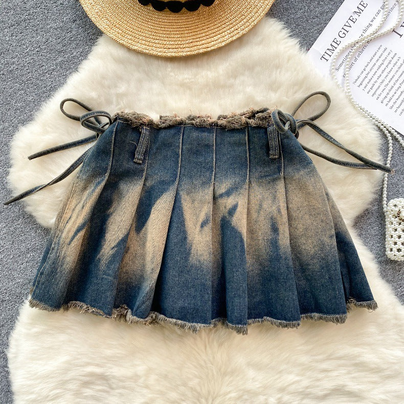 Women Vintage Pleated Bow Denim Skirt 6