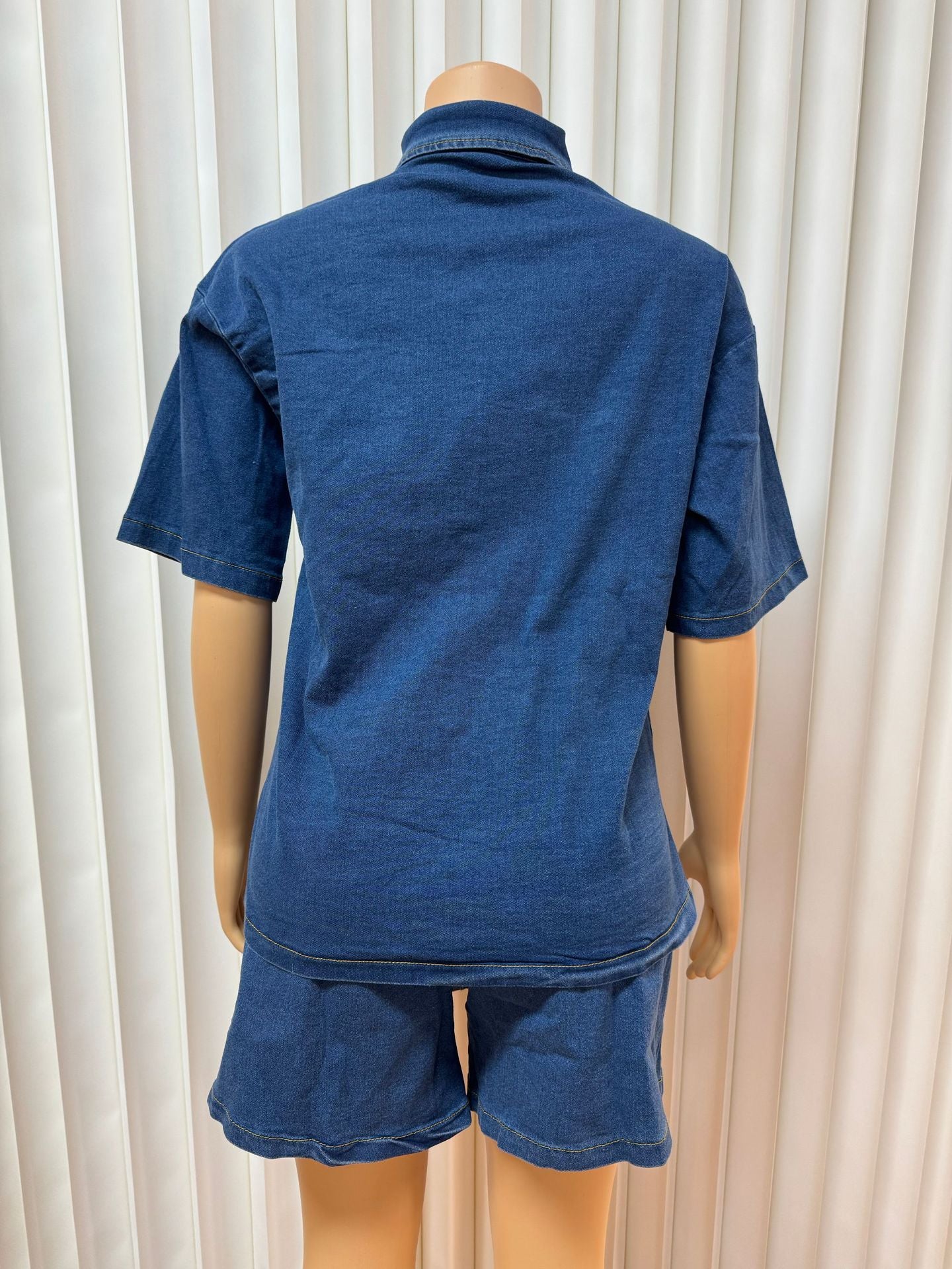 Women Denim Pocket Button Short Sleeve Top and Shorts Two-Piece Set 5