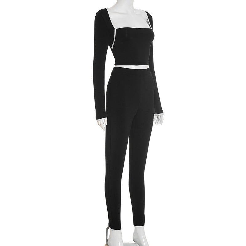 Women's Autumn Winter Solid Color Patchwork Color Block Trim Long Sleeve Top Slim Pants Set 7