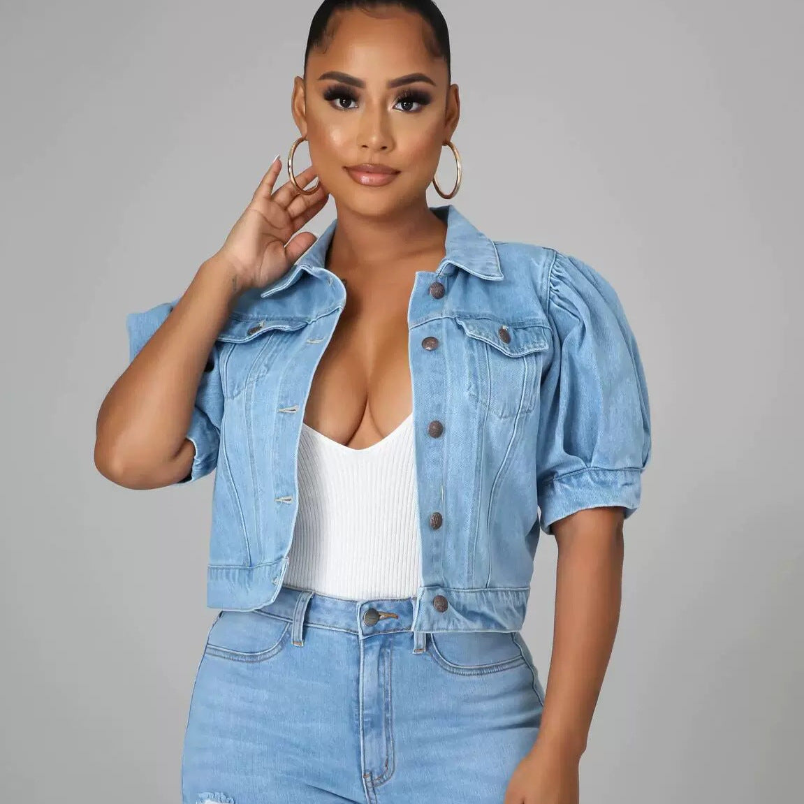 Denim Jacket Puff Sleeves Women's 3/4 Sleeve Coat 5