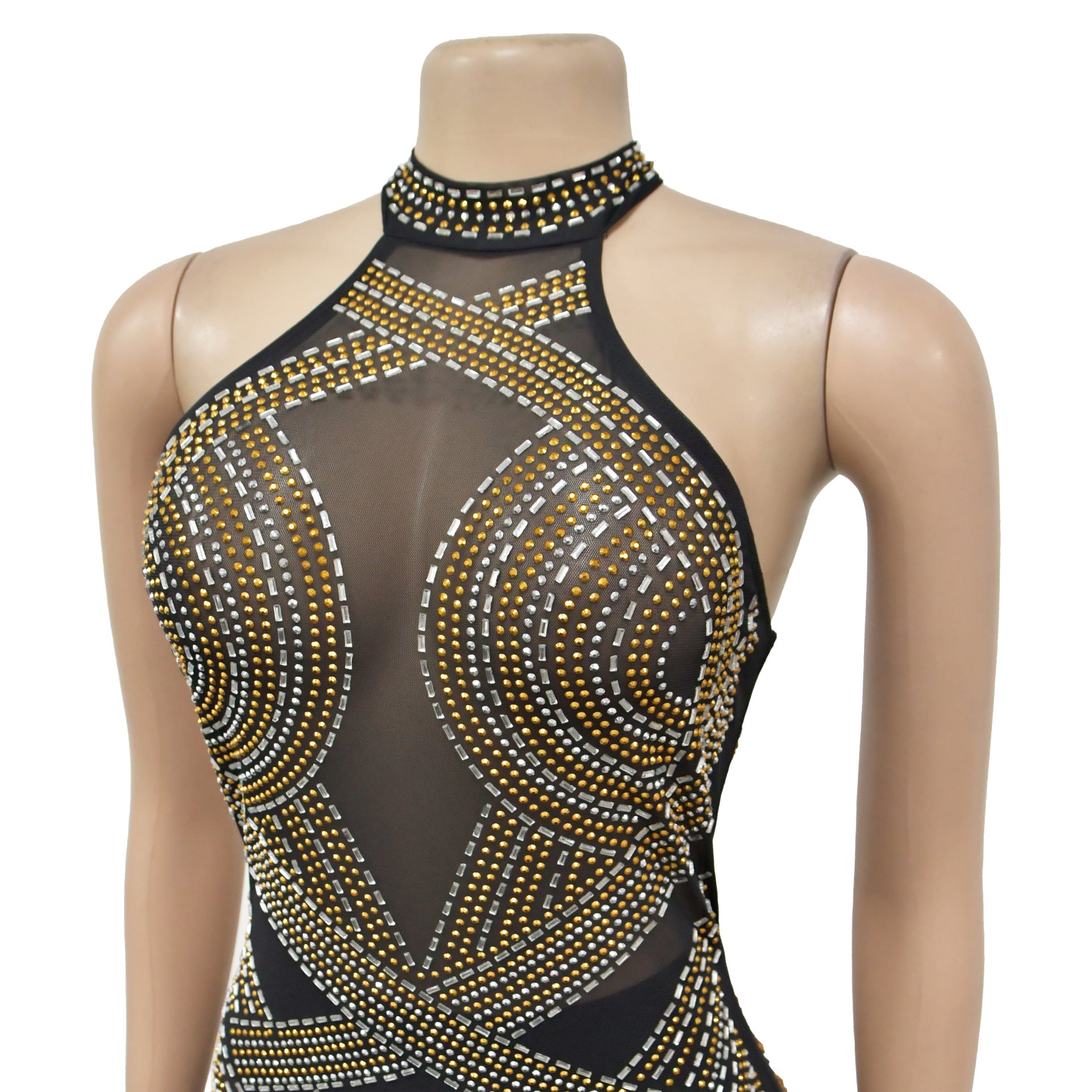 Women Solid mesh Beaded Halter Neck Long Dress 7