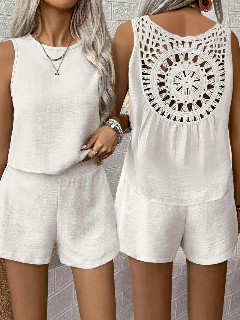 Women Solid Back Hollow Lace Top and Shorts Two-piece Set 5