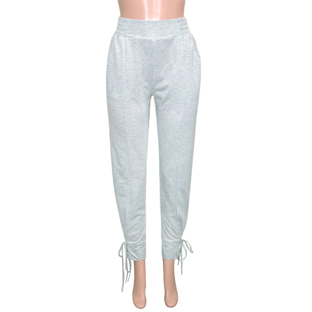 Women Summer Casual Solid Drawstring Lace-Up Stretch Trousers 13