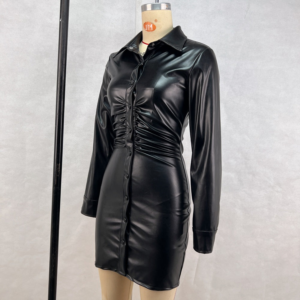 Autumn Winter Women's Pleated Slim Single-Breasted Pu Leather Long-Sleeved Dress 6