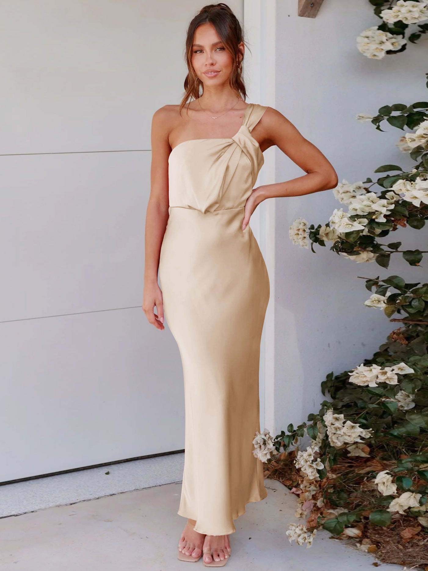 Women's sleeveless one-shoulder long dress satin Formal Party fishtail evening dress 5