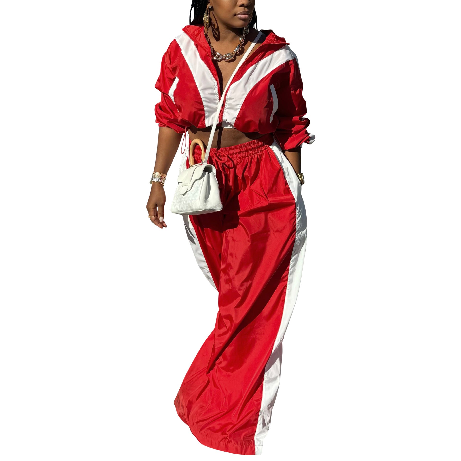 Women Sports Woven Colorblock Top and Pant Two Piece Set