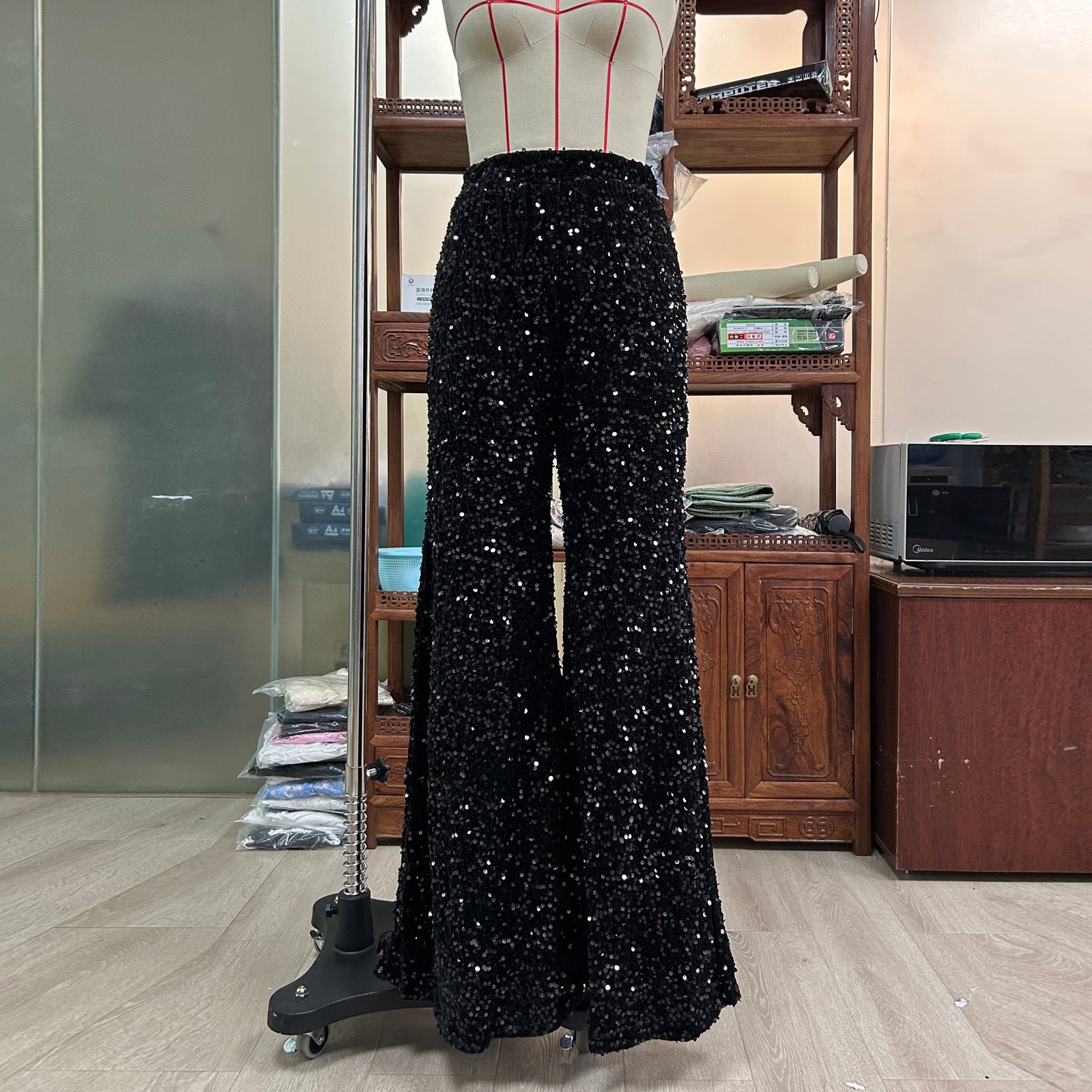 Women Solid Color Sequin Fashion Casual High Waist Wide Leg Pants 13